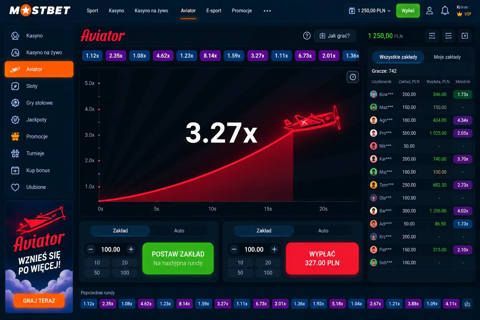 Gra Aviator w Mostbet – interfejs z samolotem i aktywnym mnożnikiem