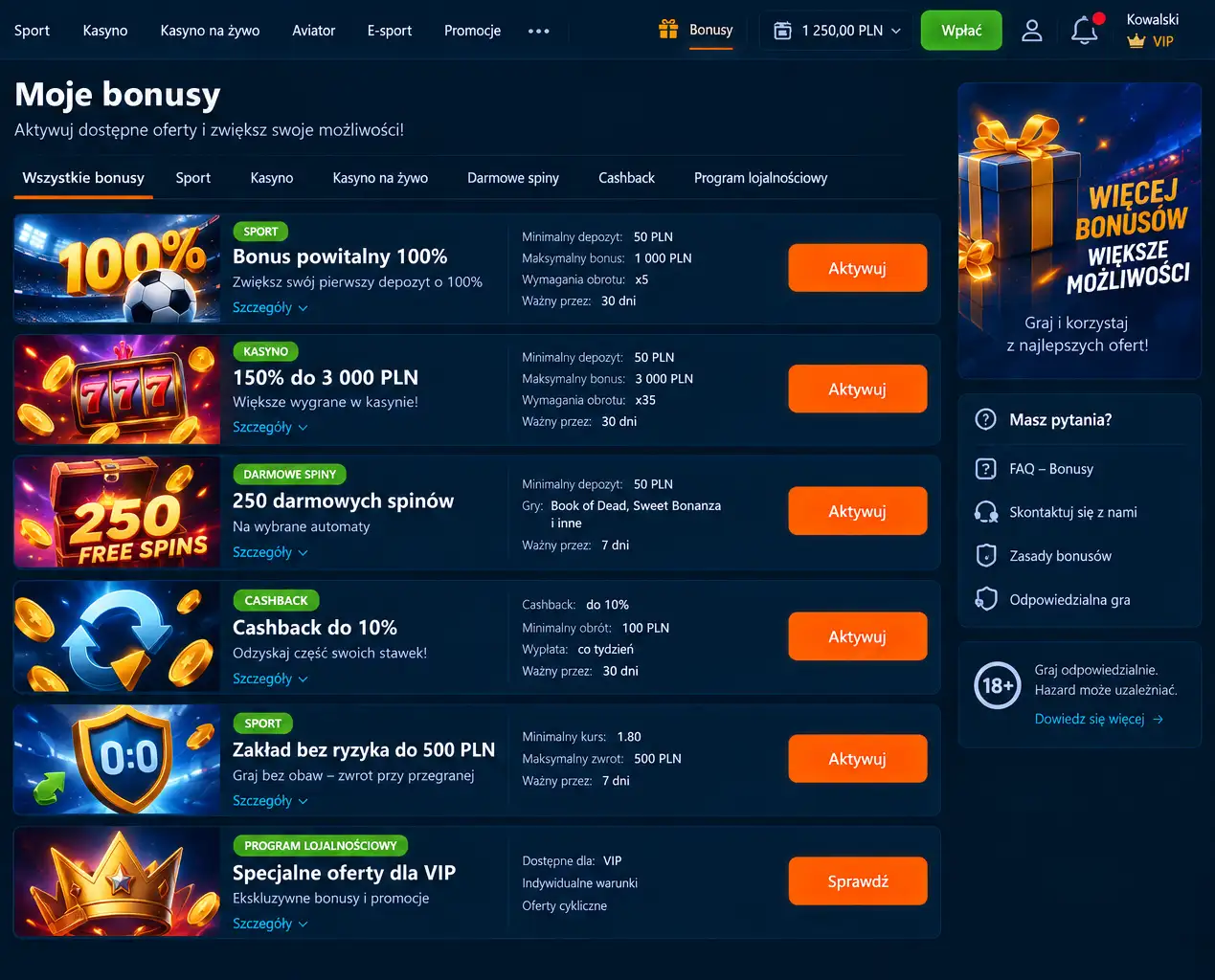 Panel bonusów Mostbet – dostępne oferty z przyciskami aktywacji
