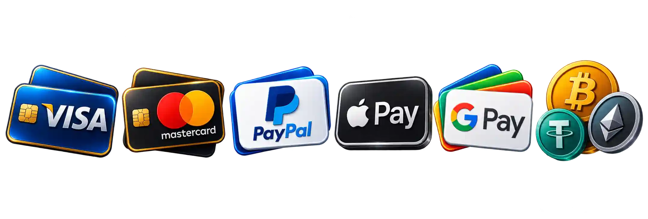 Visa Mastercard PayPal Apple Pay Google Pay Bitcoin