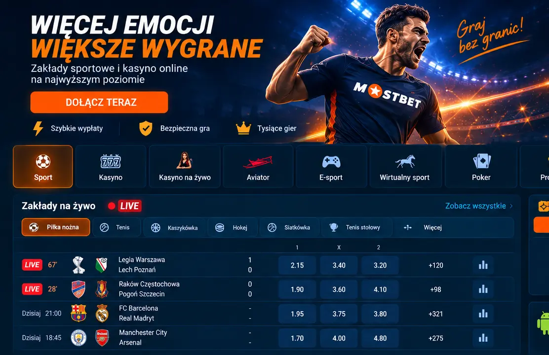 Strona główna Mostbet PL – pasek nawigacji Kasyno i Sport