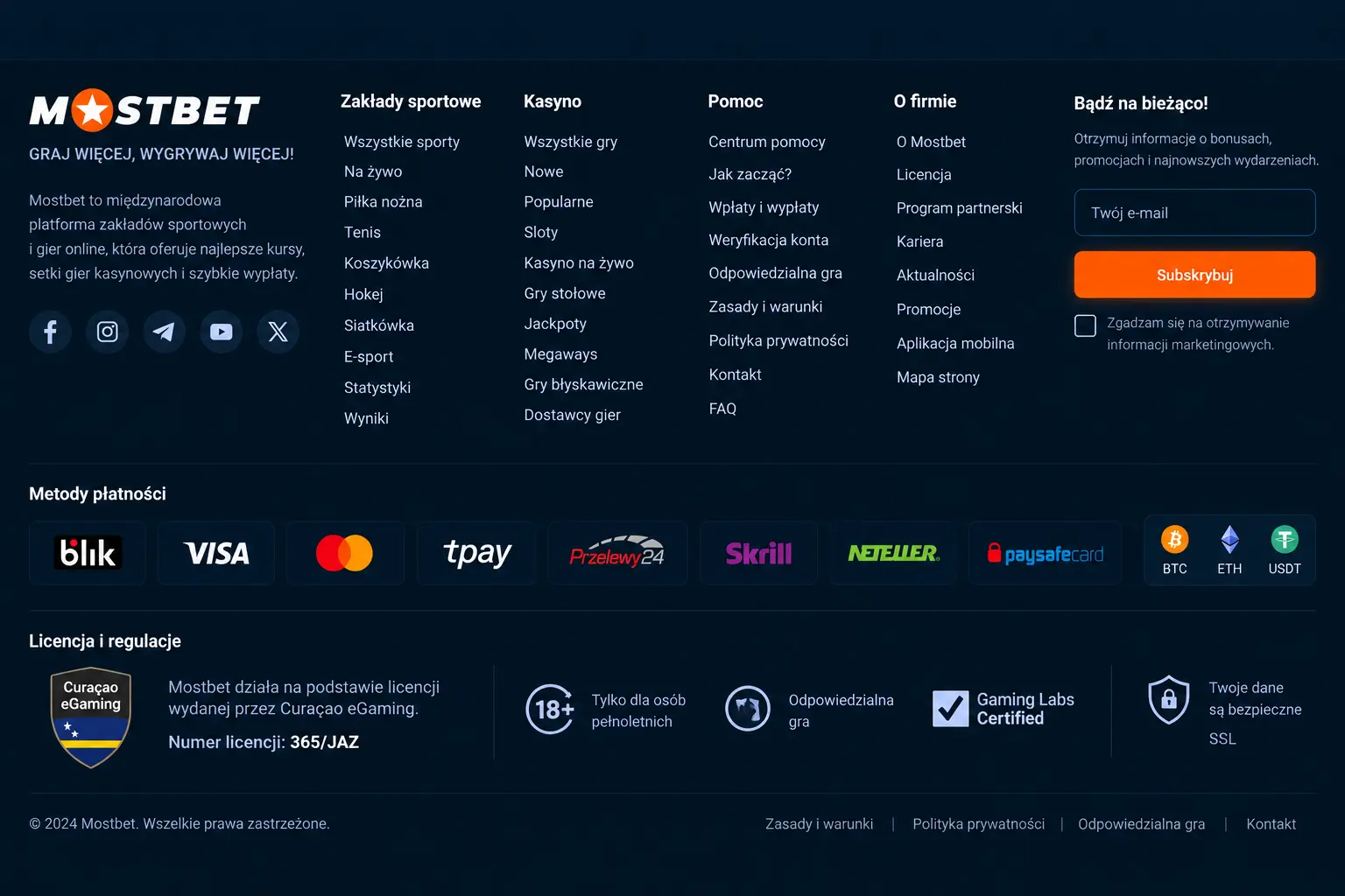 Stopka Mostbet – logo licencji Curaçao eGaming i numer licencji