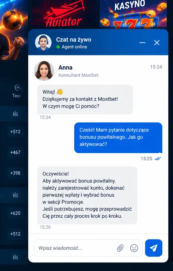 Okno live chatu Mostbet – agent online, pole wiadomości