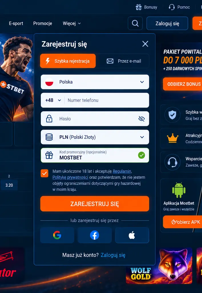 Formularz rejestracyjny Mostbet – pole na kod promocyjny